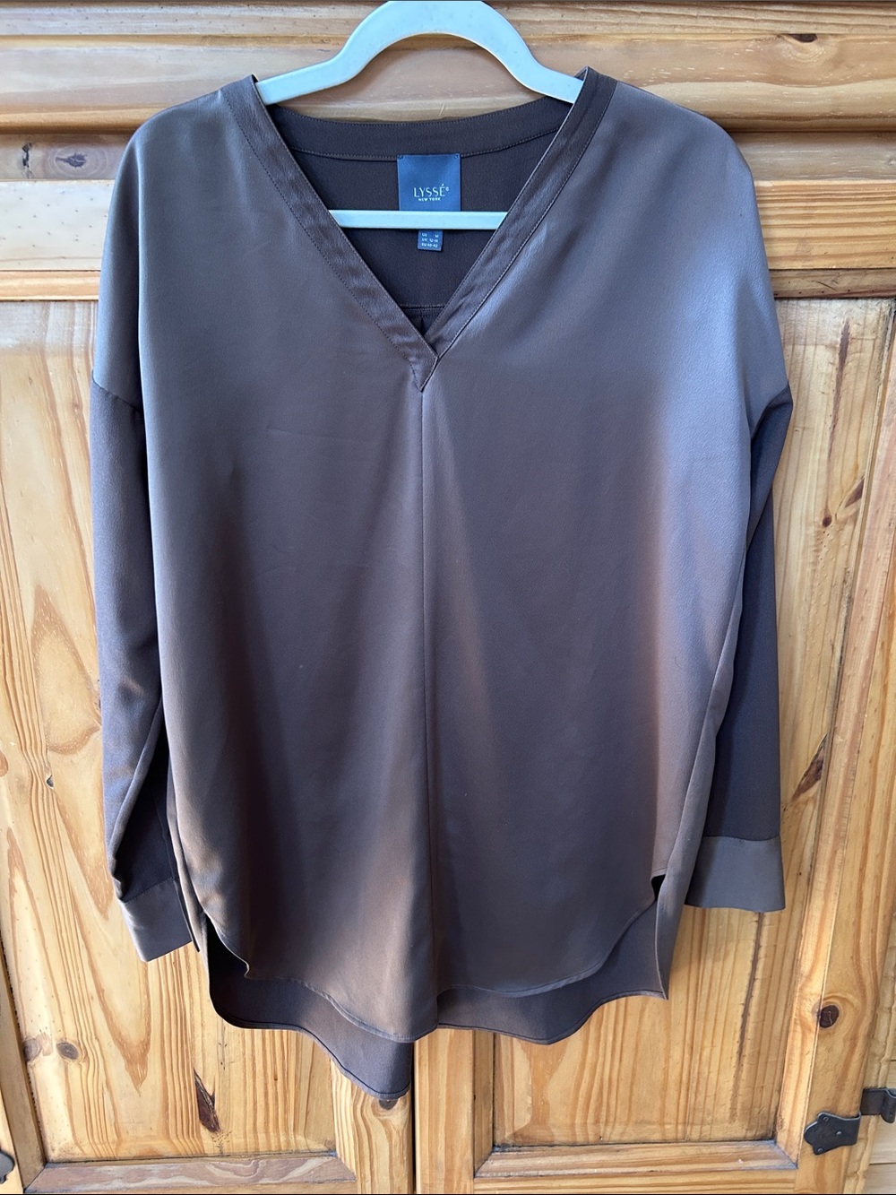 Lysse Token Pull Over Top Chocolate Brown V-Neck Mixed Satin Brown